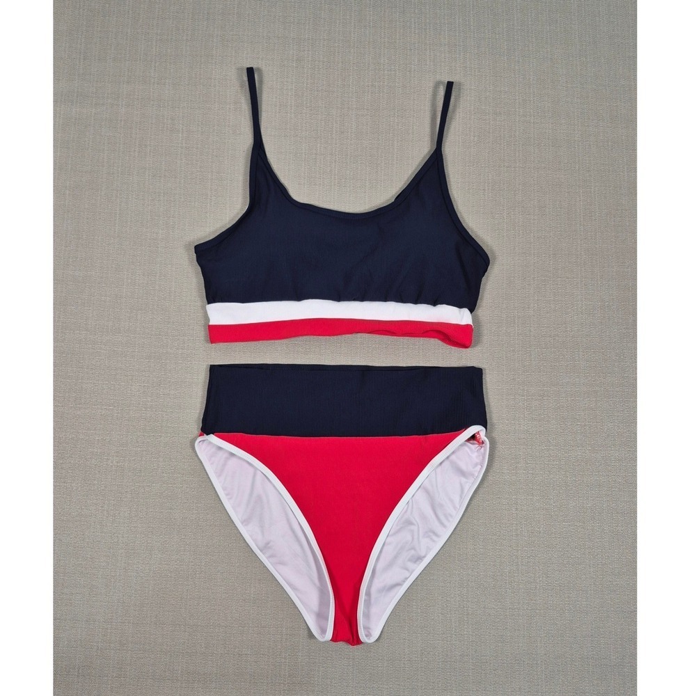 Herseas Womens Ribbed Colorblock High Waisted Bikini Set Navy Red White XL